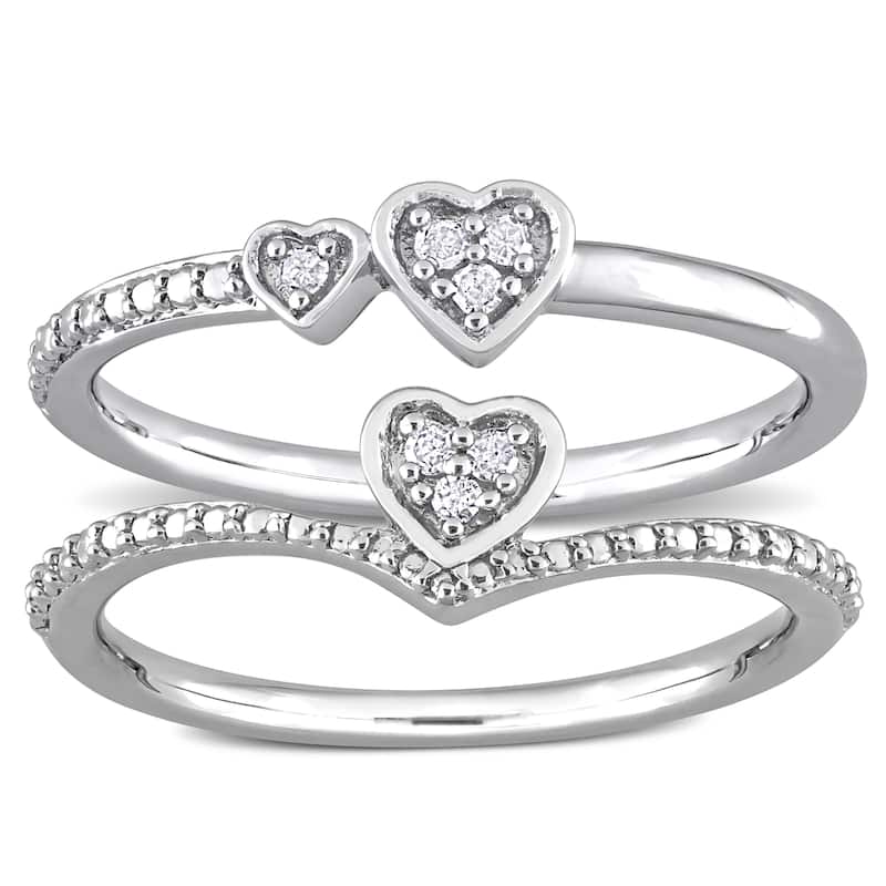 Miadora Diamond Accent Heart Double Heart Promise Rings 2-Piece Set Sterling Silver