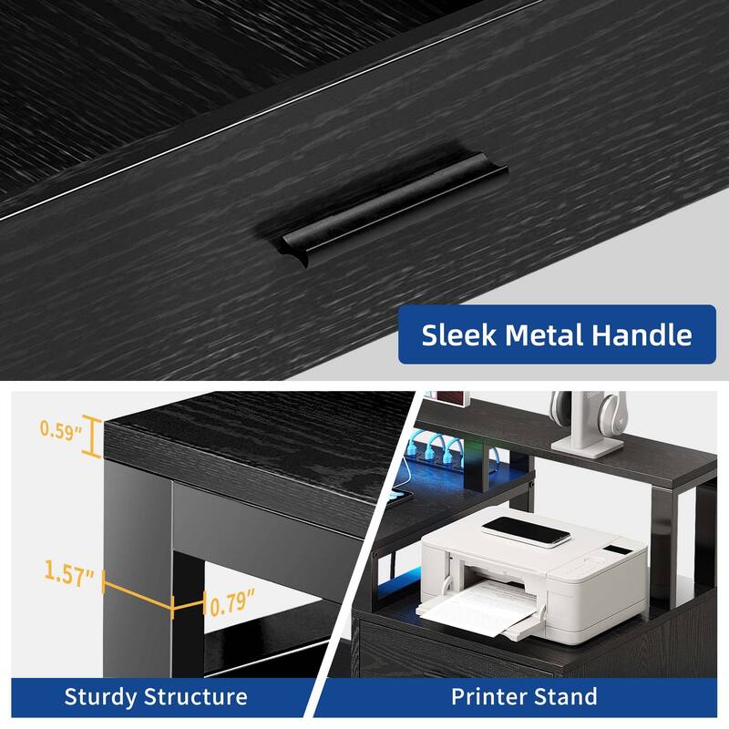 Moasis 65-inch L Shaped Computer Office Desk with Cabinet Drawers Gaming Desk w/Power Outlets & LED Lights