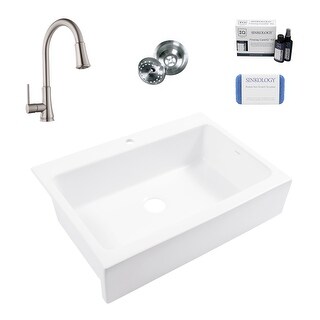 Parker Crisp White Fireclay 34" Single Bowl Quick-Fit Farmhouse Apron Front Drop-in Kitchen Sink (1 Hole) with Faucet Kit