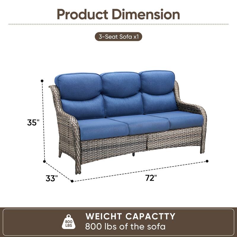 Pocassy Outdoor Wicker 3 Seat Sofa with 5 In Thick Cushion Patio Sofa