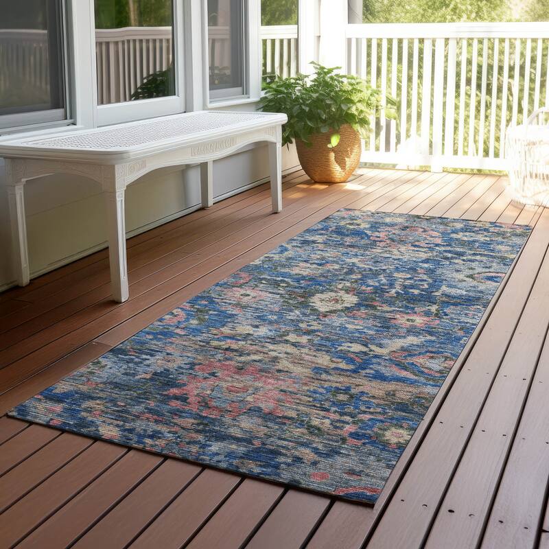 Machine Washable Indoor/ Outdoor Vintage Traditional Chantille Rug - Navy - 2'3" x 7'6"
