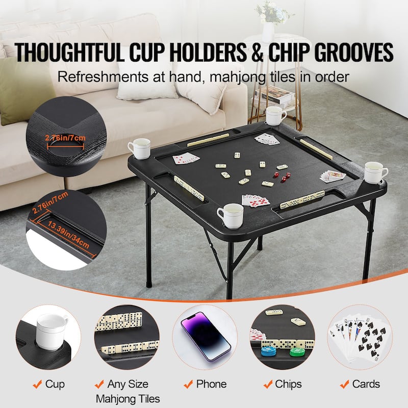 Black HDPE 4 Layer Folding Card Table with Cup Holders and Chip Trays - 35.43” L x 35.43” W x 29.13” H