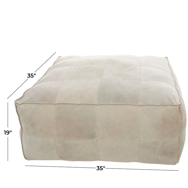 Gray Leather Low Profile Square Pouf with Patchwork Design