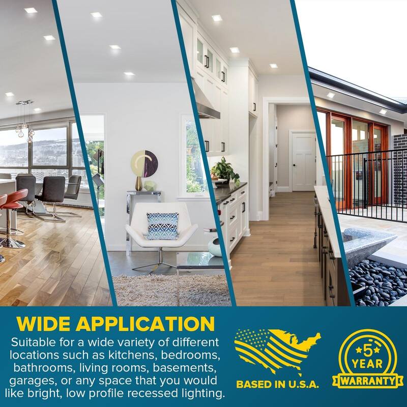 Sunperian 3 inch Square Ultra-Thin LED Recessed Light J-Box 5 Color Options 8W 540 Lumens Dimmable Wet Rated 6 Pack