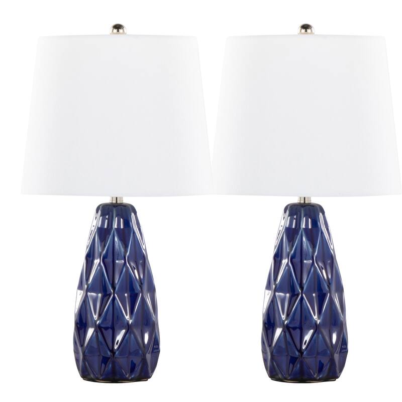 Hex 20" Ceramic Table Lamp w/ Faceted Base & Linen Shade (Set of 2) - 20.5 - Navy Blue Ceramic/White Shade