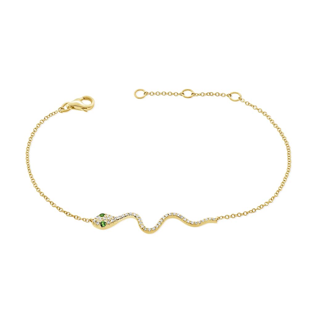 Joelle Collection Diamond Snake Chain Bracelet Green Tsavorite 14K Gold