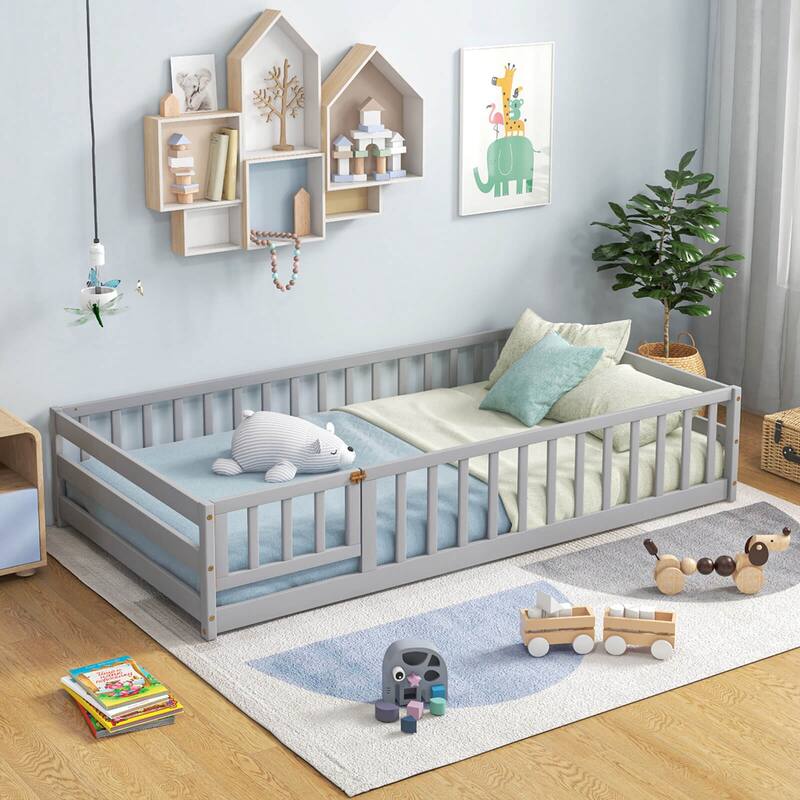 Costway Twin Size Floor Bed with Door & Fence with Safety Guardrails &