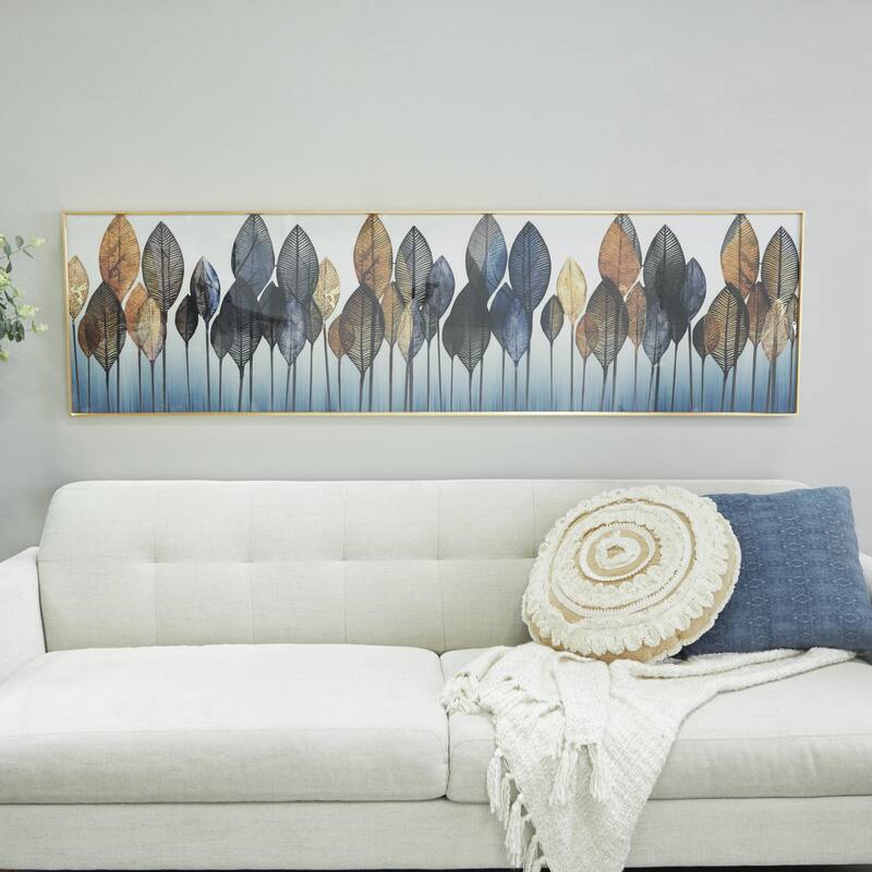 Porcelain Ceramic Leaf Living Room Wall Decor with Gold Aluminum Frame - Blue - CosmoLiving by Cosmopolitan