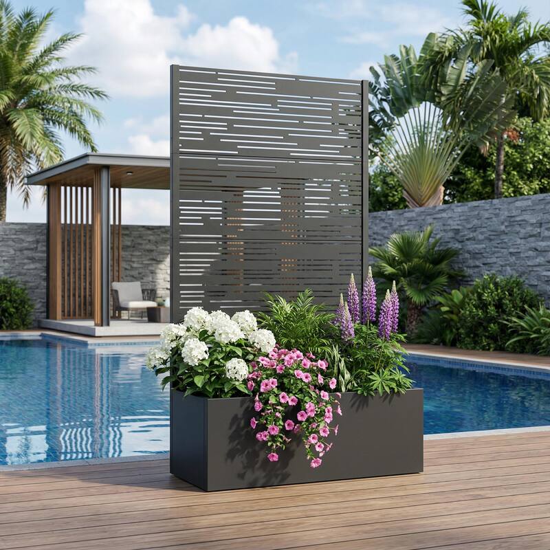 Metal Galvanized Planter Box with Trellis Privacy Screen Lockable Wheels