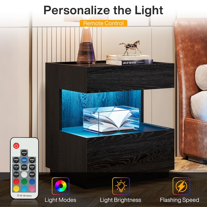 Modern LED Black Nightstand Wood Bedside End Table with 2 Drawers