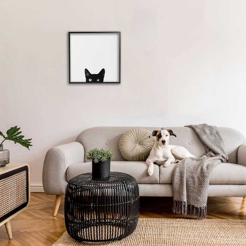 Stupell Minimal Monochrome Black Cat Peeking From Below Framed Art, 12 x 12, Design By Artist Jon Bertelli