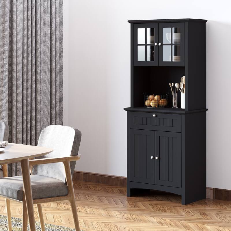 Modern Kitchen Storage Cabinet with Adjustable Shelves and Glass Doors, Buffet Cabinet Pantry Hutch Cabinet Organizer - Black