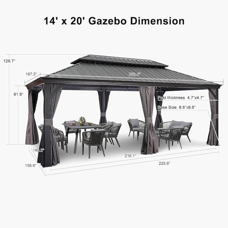 PURPLE LEAF Outdoor Galvanized Steel Hardtop Gazebo, Aluminum Frame Gazebo With Curtains