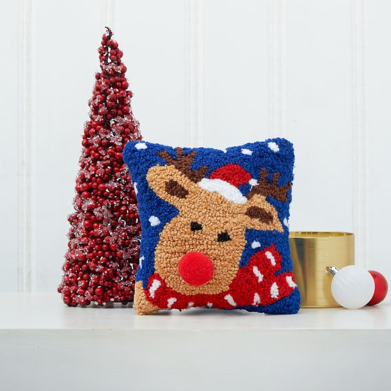 8" x 8" Christmas Reindeer Hooked Petite Throw Pillow