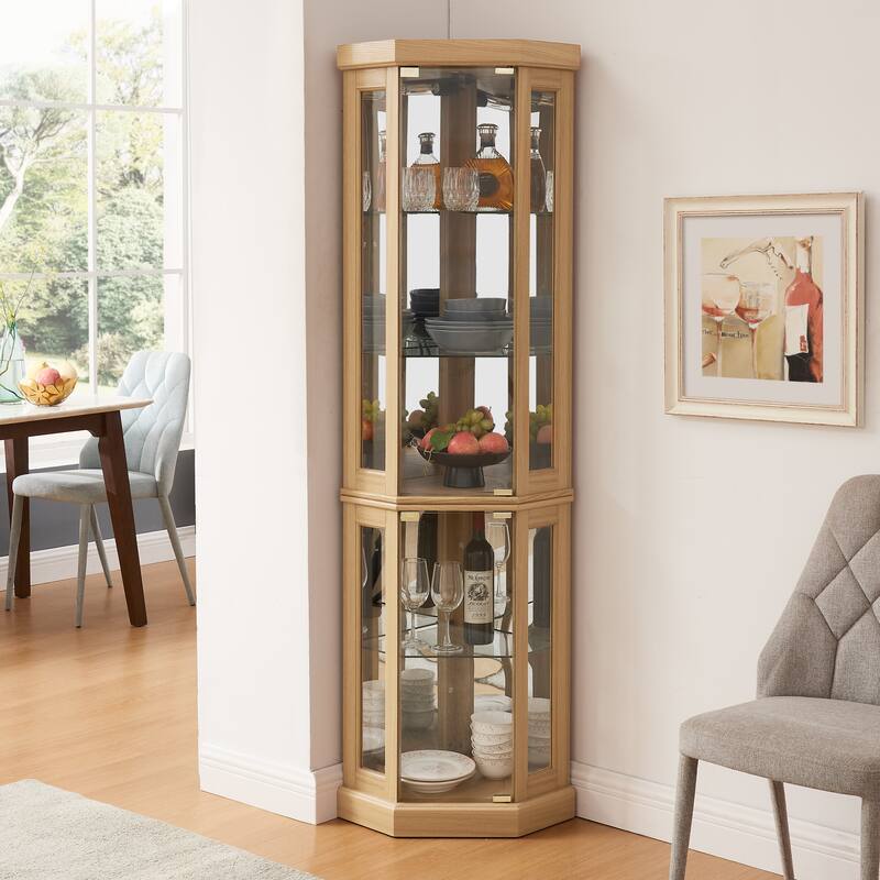 Lighted Corner Curio Cabinet - Display Case for Living Room, Antique Collectibles, Wine & Bar Glass Storage