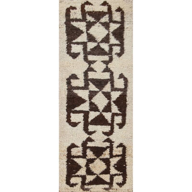 Anatolian Turkish Runner Rug Handmade Geometric Beige Wool Carpet - 3'3"x 12'5"