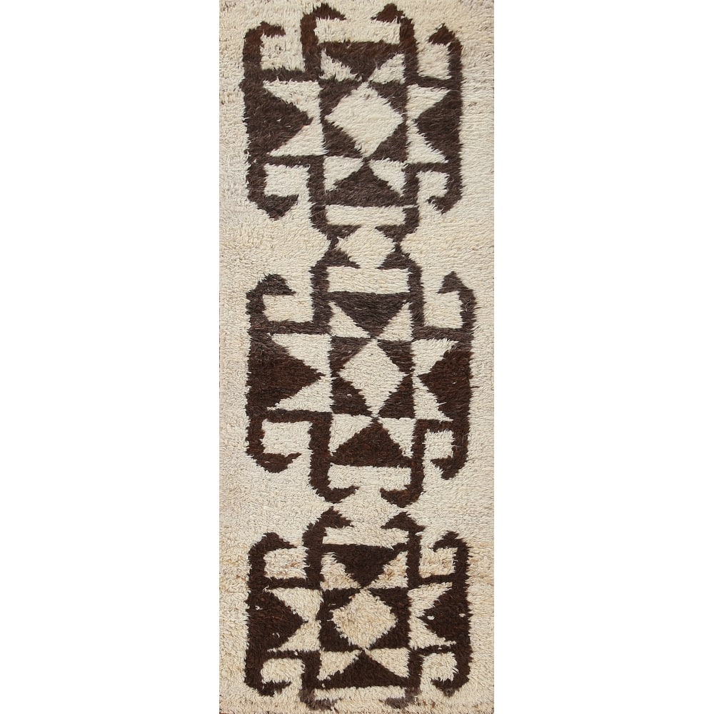 Anatolian Turkish Runner Rug Handmade Geometric Beige Wool Carpet - 3'3"x 12'5"