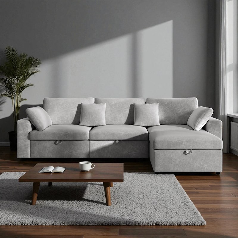 118" Oversized L-Shaped Velvet Sectional Sofa with Storage Ottoman, Removable Pillows, Cloud Couch for Living Room and Bedroom - Grey