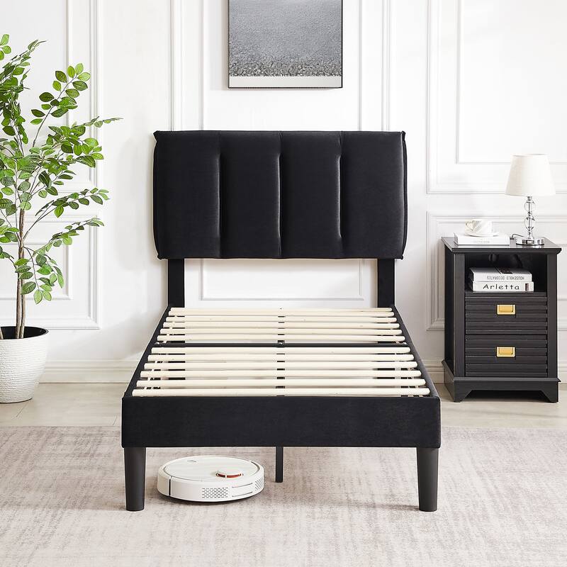 Upholstered Velvet Upholstered Bed Frame with Adjustable Height Headboard No Box Spring Needed Platform Bed Under Bed Storage