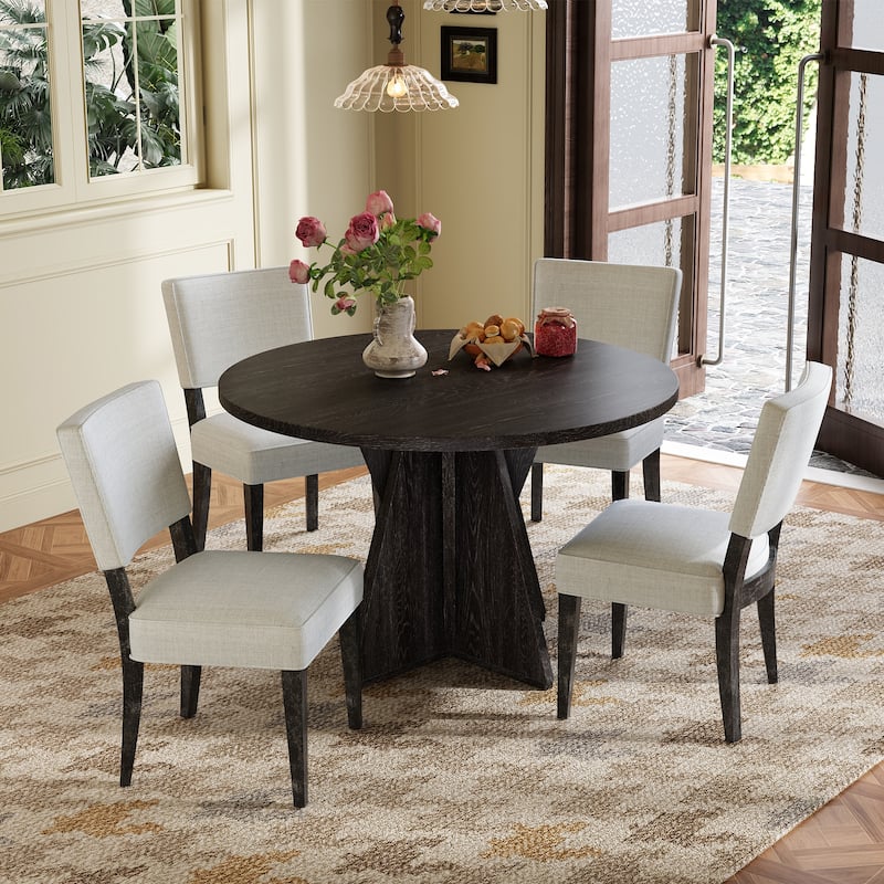 5-Piece Round Dining Table Set with 4 Upholstered Chairs, Triangular Base Kitchen Table for Small Space and Dining Room