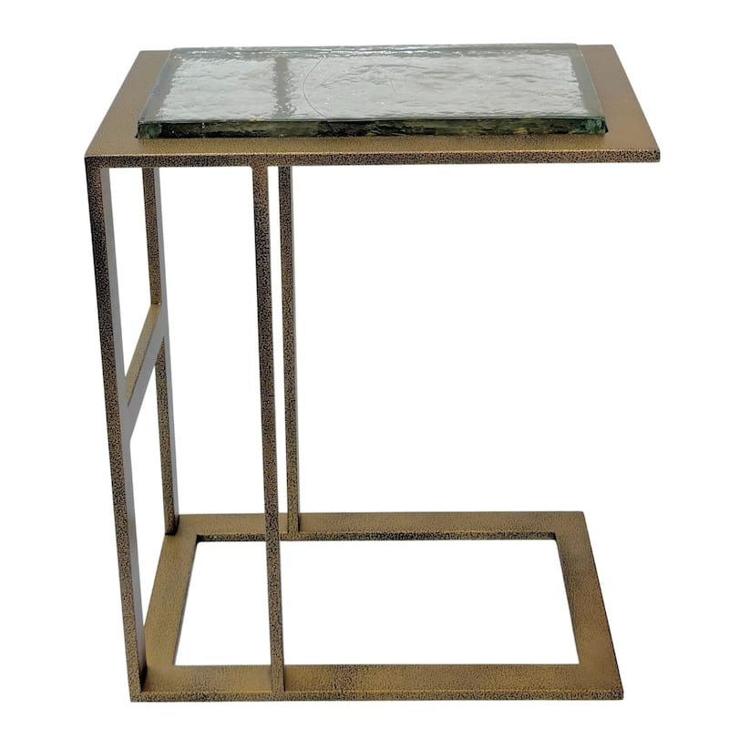 Castella C Shaped End Table - Powder Coated Iron Frame and Glass Top Accent Table Antique Brass Finish