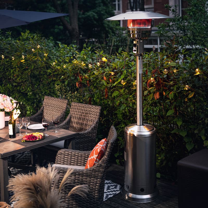 Outdoor 46,000 BTU Stainless Iron Propane Gas Patio Heater with Wheels, Silver