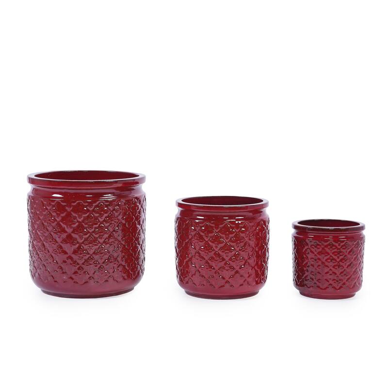 Set of 3 Handmade Ceramic Planters, Diamond, Pattern Breathable Clay