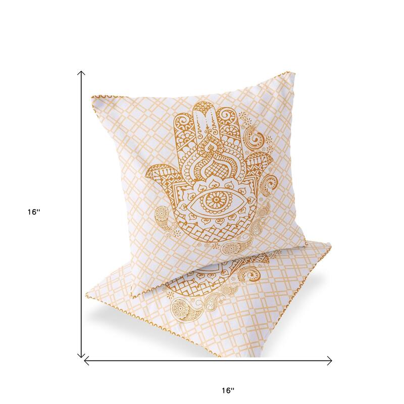 HomeRoots Set of Two 16" X 16" Gold and White Blown Seam Hamsa Indoor Outdoor Throw Pillow - 16.00' X '16.00' X '5.00
