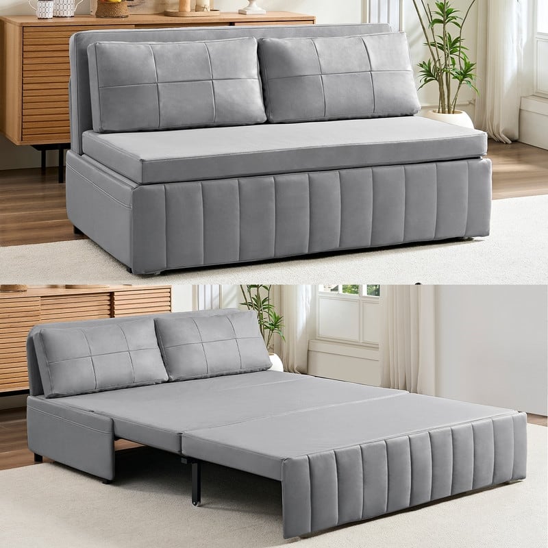 Mixoy Modern 62''Pull Out Sofa Bed,3-in-1 Pull Out Leathaire Fabric Sleeper Sofa Couch,Chaise Lounge,living room furniture - 60.83"W×80.91''L×33.46''H - LIGHT GREY