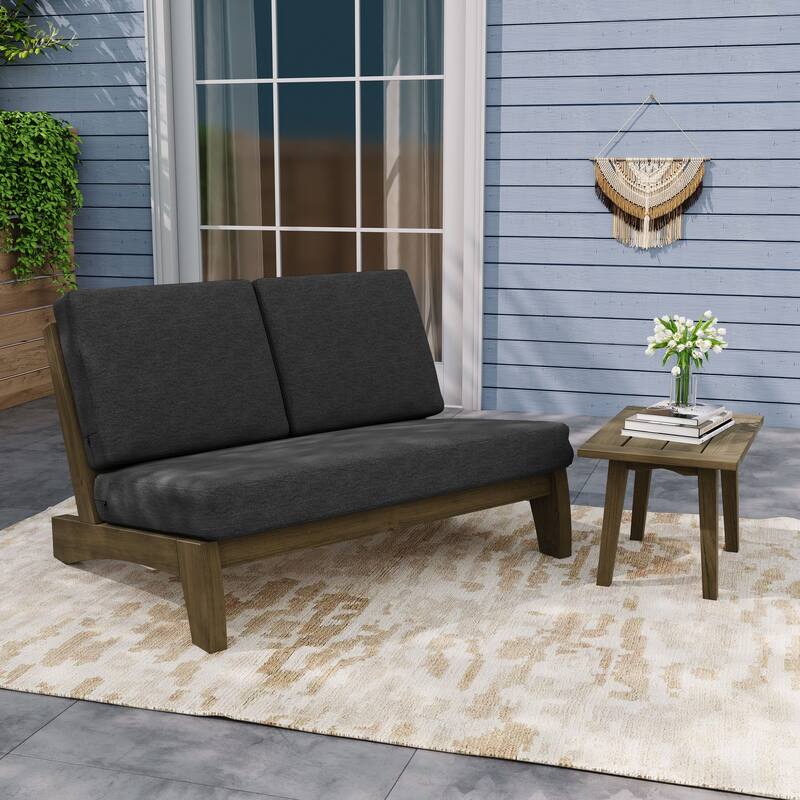 Outdoor Sectional Furniture Teak Conversation Set with Side Table - Brown Wood - Dark Grey/Loveseat Separate