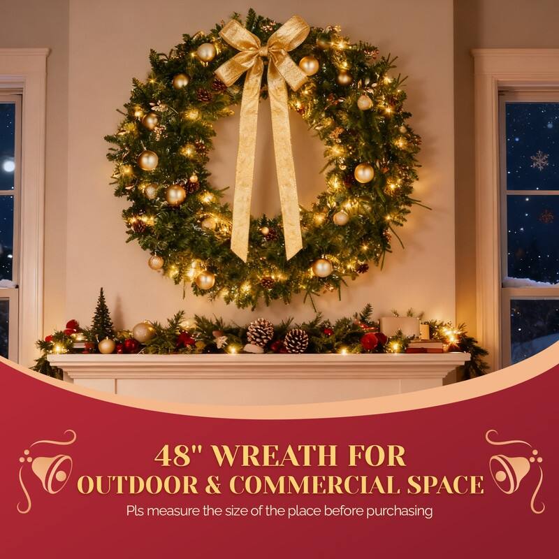 4Pre-lit Christmas Wreath with Warm White Lights and DIY Ornaments for Front Door Gate Wall Xmas Party Decorations