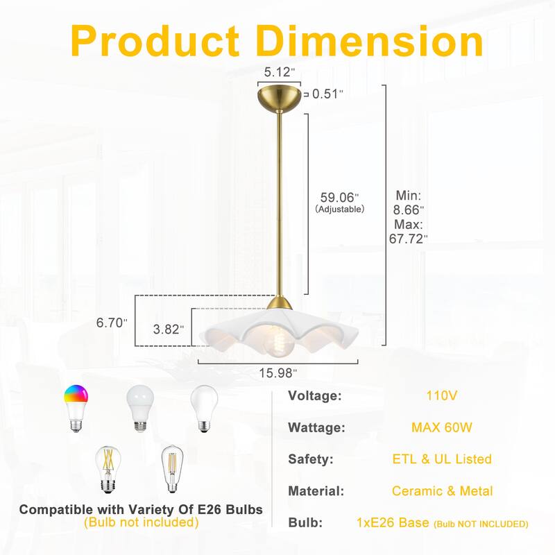 16-Inch White Ceramic Petal Pendant Light for Kitchen Dining Room - Dia.15.98-in