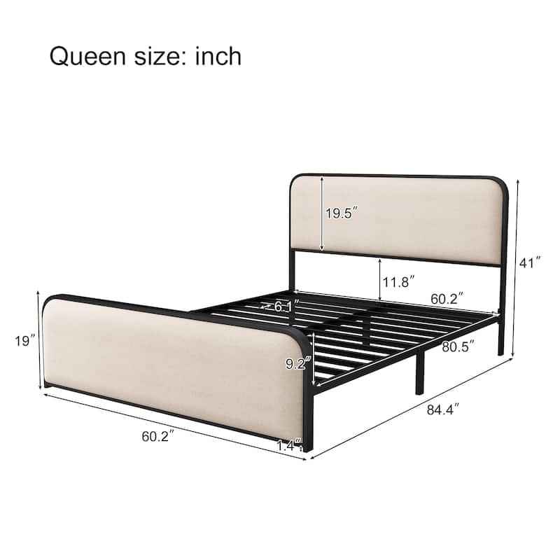 Modern Metal Bed Frame with Curved Upholstered Headboard and Footboard
