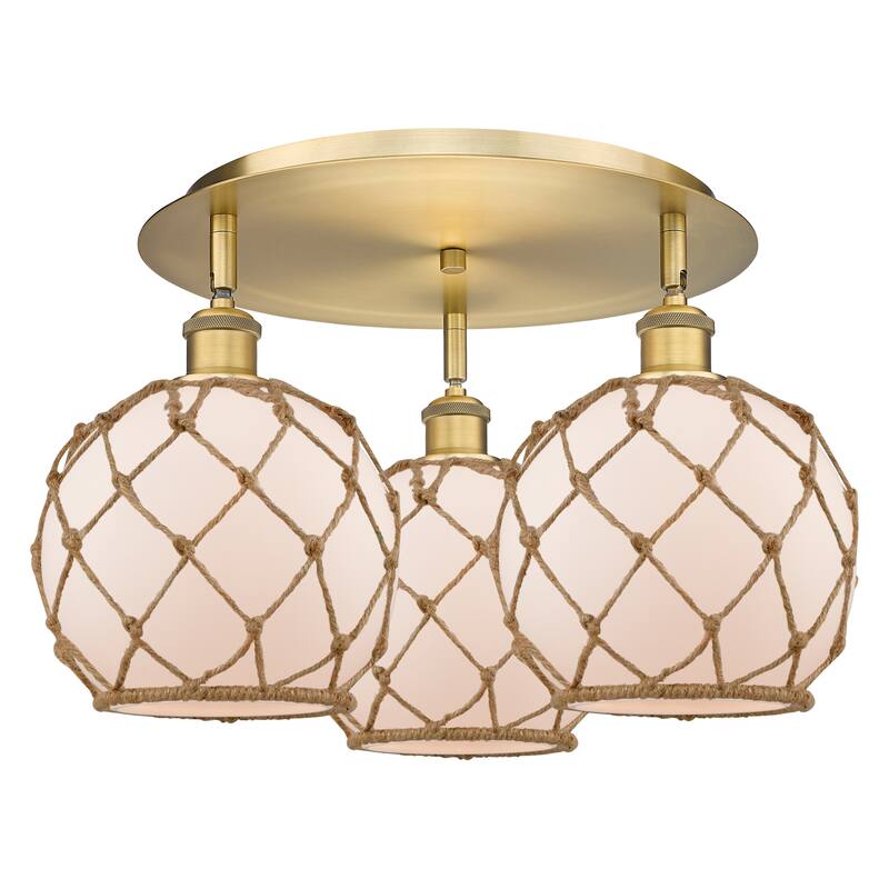 Innovations Lighting Endless Possibilities Ballston - Farmhouse Rope - 3 Light 20" Flush Mount - White Glass with Brown Rope/Brushed Brass