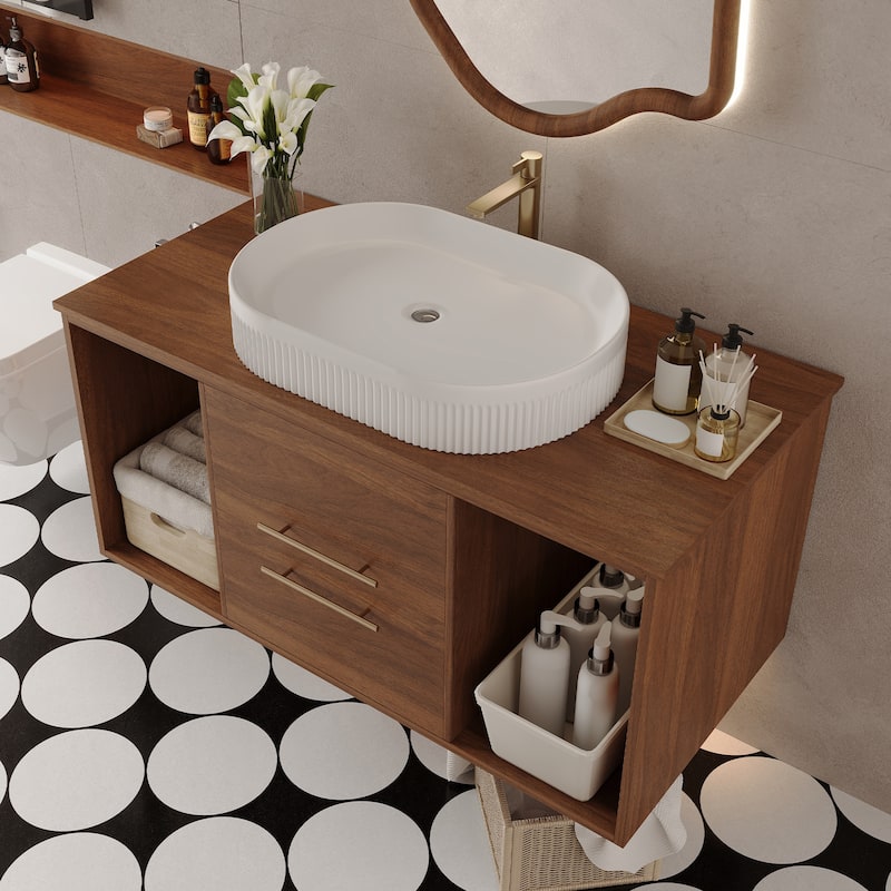 Floating Bathroom Vanity Wall-Mounted Cabinet with Oval Ceramic Sink, Soft-Close Storage Drawers, Open Shelf and Drain Pipe