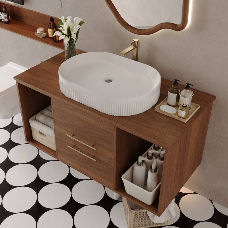 Modern 39.4 Wall-Mounted Bathroom Vanity with Oval Ceramic Sink Floating Vanity Multi-Layer Solid Wood Cabinet