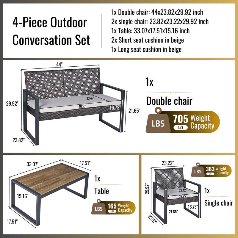 4-Piece Patio Furniture Set Outdoor Balcony Porch Garden Backyard Lawn Furniture Acacia Wood Table Top,Brown and Beige Cushion