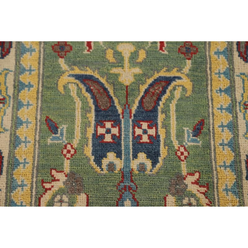 Green Floral Kazak Runner Rug Hand-Knotted Wool Carpet - 2'8" x 9'7"