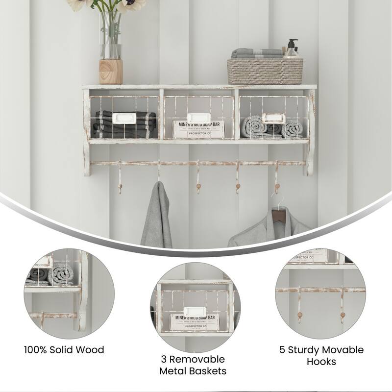Wall Mounted Storage Rack with Upper Shelf, Wire Baskets, and Hooks