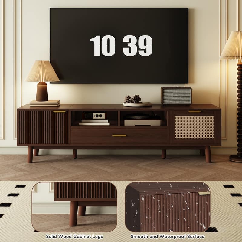 Wood Fashionable TV Stand for 75" TVs, TV Cabinet with Soft-Closing Door and Drop-Down Door Cabinet,Dark Brown