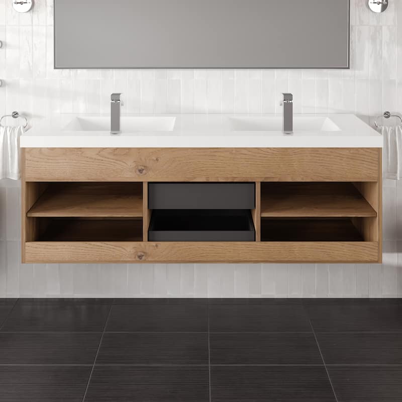 Lugano 60 in. Natural Oak Wallmount DS Bath Vanity with Integrated Acrylic Sinks