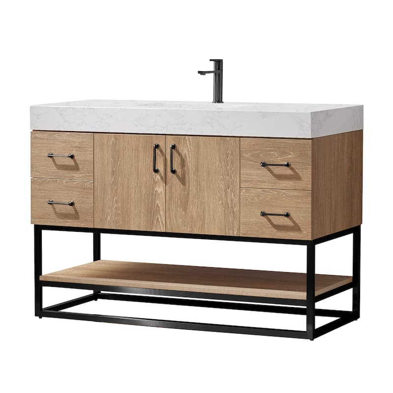 Alistair 48" Single Vanity with White Grain Stone Top without Mirror - 48" - North American Oak(Black Hardware)