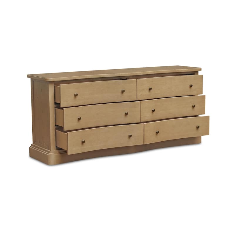Lioren Dresser, Solid Oak, 6 Drawers, Curved Front, Brass Handles, Warm Brown