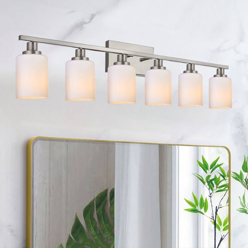 6-Light Bathroom Light Fixtures Brushed Brass 6-Light Bathroom Vanity Light, Bathroom Lights Over Mirror with Milky Glass Shade