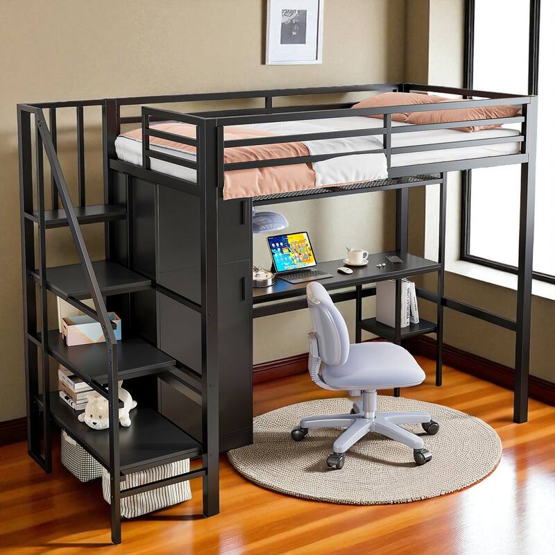 Metal Twin Loft Bed with Desk, Wardrobe, Shelf, and Storage Staircase, No Box Spring Needed
