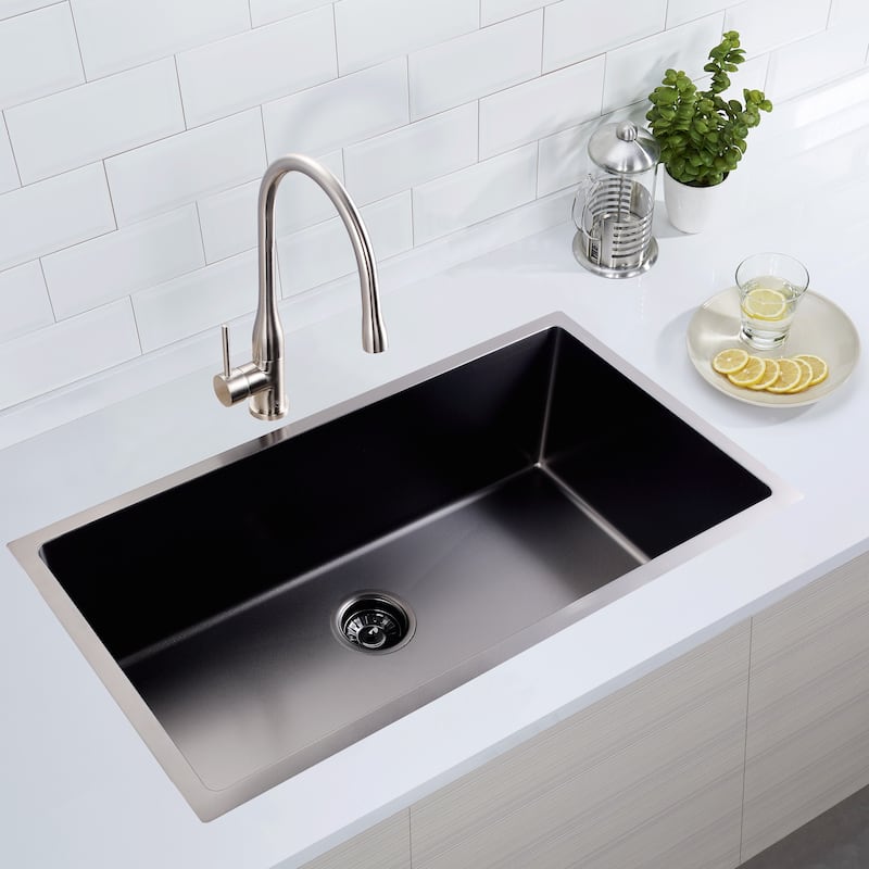 CB HOME Gold Kitchen Sink, 32" Rose Gold Undermount Kitchen Sink, Black Single Bowl Stainless Steel Kitchen Sink 16 Gauge - 32''x19''-sink only - Black