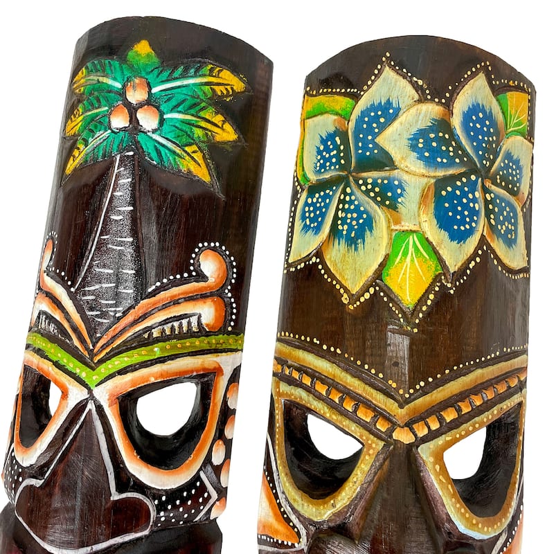 Carved Wood 20 Inch Tiki Wall Masks Palm/ Plumeria Flower (Set Of 2)
