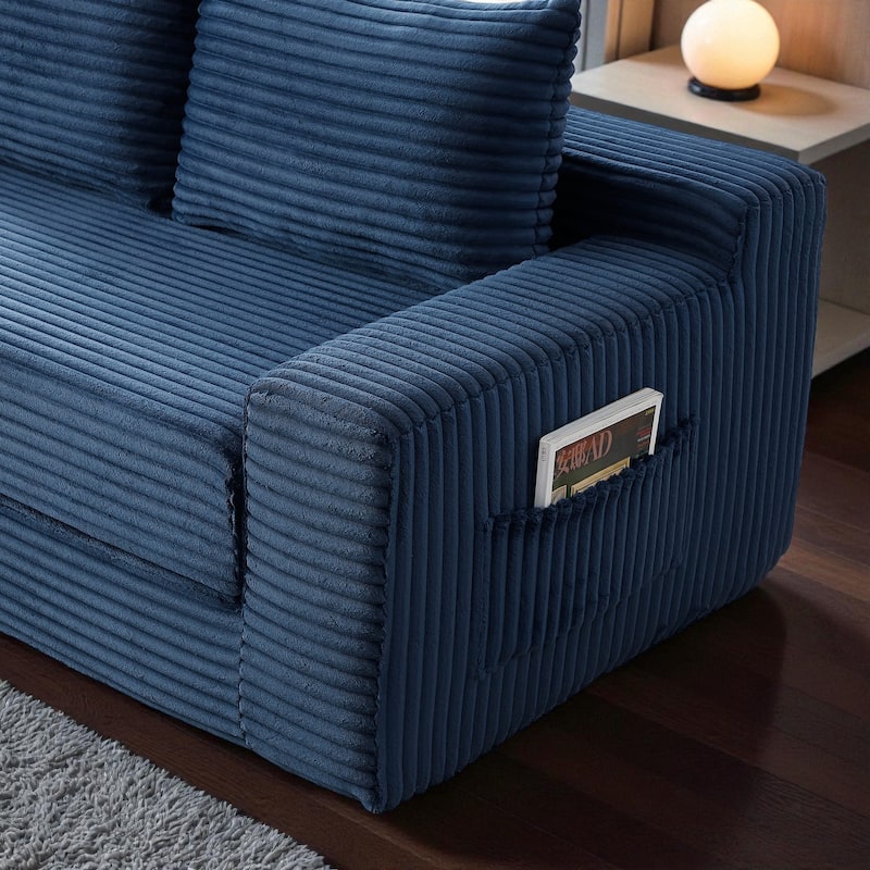 Memory Foam Cloud Loveseat, 2-in-1 Convertible Corduroy Folding Couch Bed, No-Assembly Floor Sofa with Storage Pockets