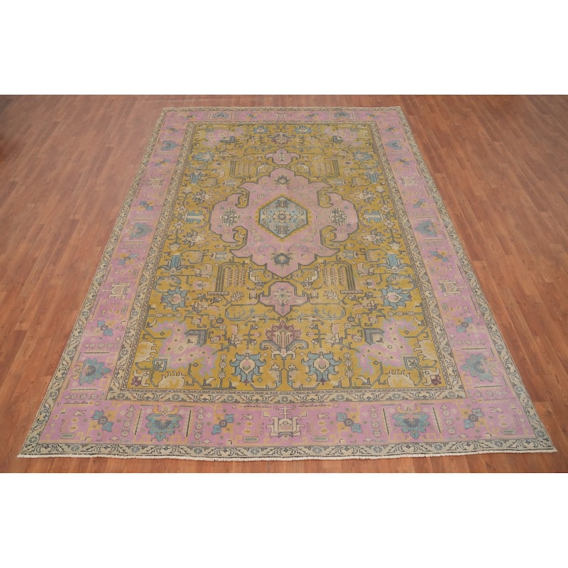 Hand Knotted Oriental 100% Wool Carpet Traditional Floral Yellow & Gold Tabriz Area Rug - 11' 2'' X 8' 0''