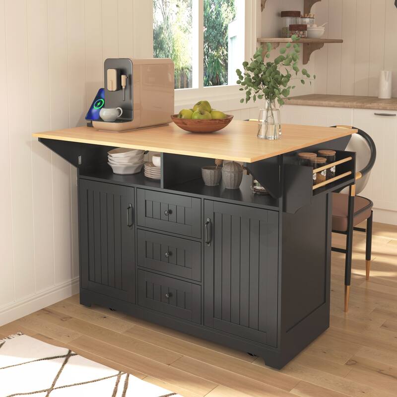 Rolling Kitchen Cart on 5 Wheels with Power Outlet, Folding Storage Dining Table with Spice & Towel Rack